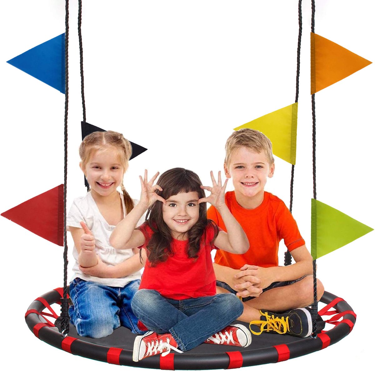 Springos Nestschommel | Schommel Kinderen | Kinderschommel | Maximale Belasting 100 kg | Inclusief Vlaggetjes | Zwart / Rood